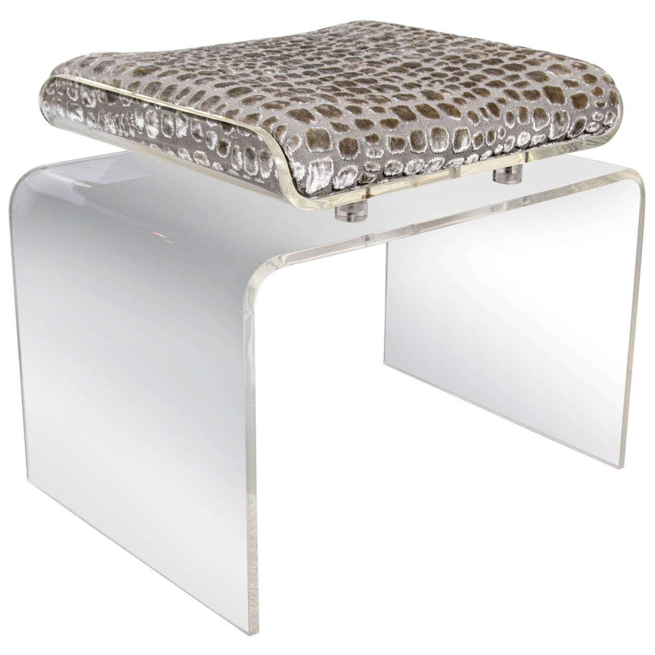 Luxe Lucite Bench / Stool With Smokey Brown Gauffraged Velvet Upholstery