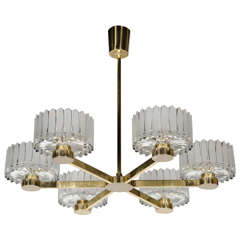 Mid-Century Modernist Six-Arm Chandelier with Frosted Glass Shades with Elliptical Detailing