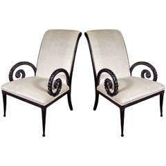 Pair of Hollywood High Back Spiral Arm Chairs by Grosfeld House in Oyster Velvet
