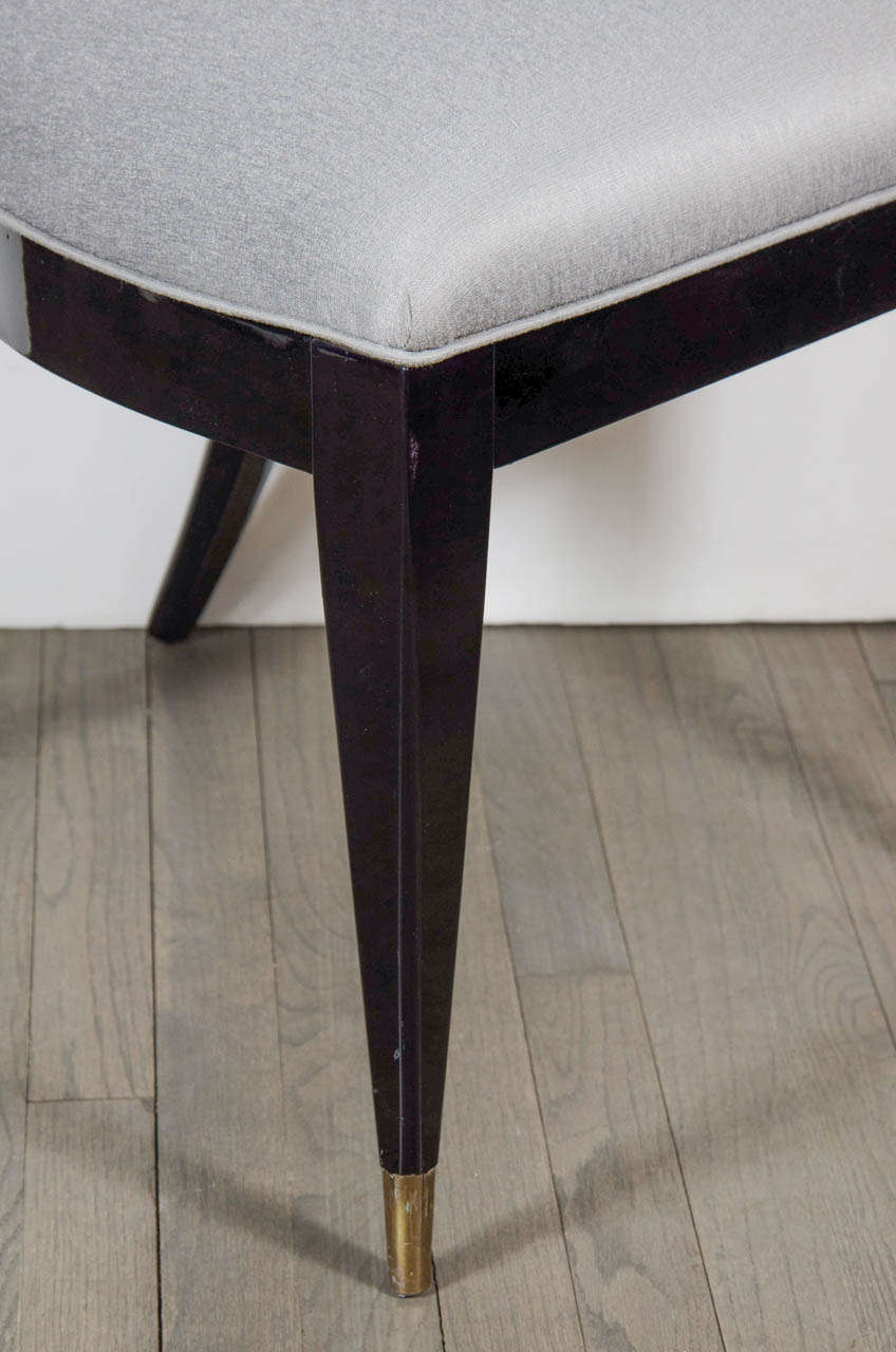 Italian Set of Six Mid-Century Dining Chairs in Platinum Upholstery and Ebonized Walnut