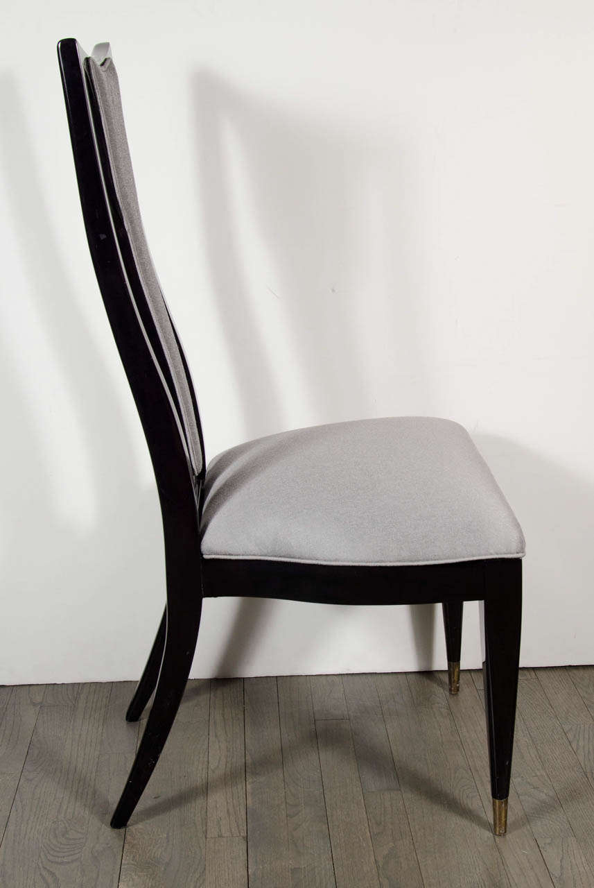 Set of Six Mid-Century Dining Chairs in Platinum Upholstery and Ebonized Walnut In Excellent Condition In New York, NY