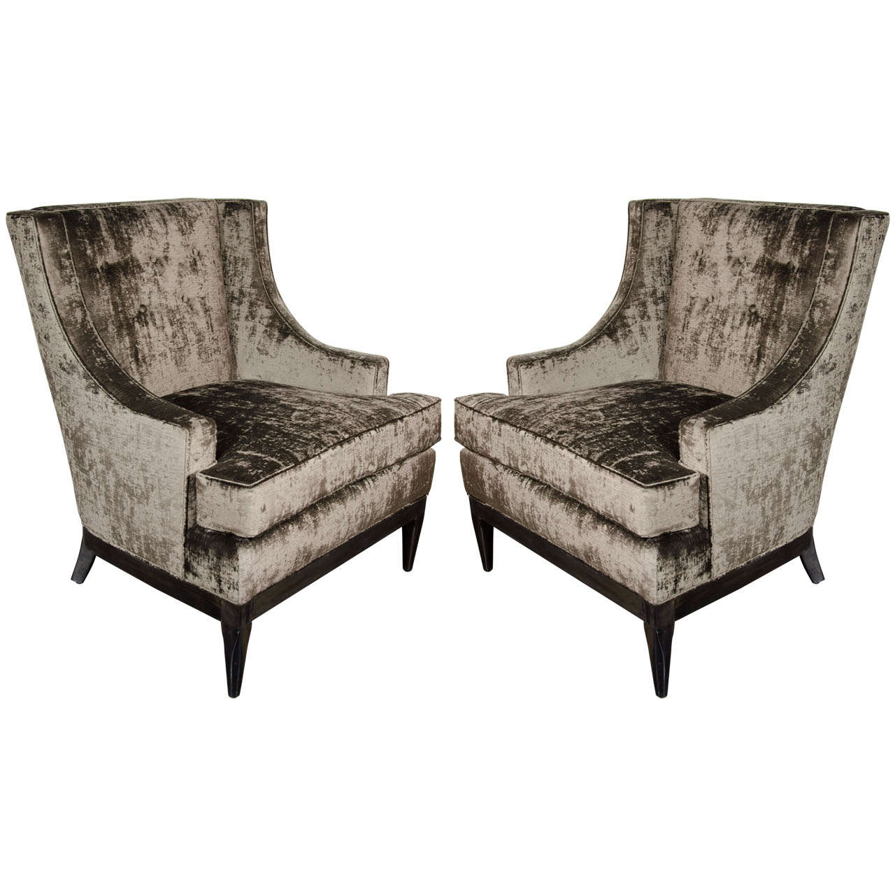Pair of Mid-Century Modern High/ Button Back Chairs in Smoked Pewter Velvet