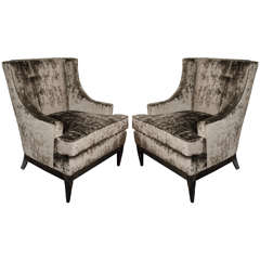 Pair of Mid-Century Modern High/ Button Back Chairs in Smoked Pewter Velvet
