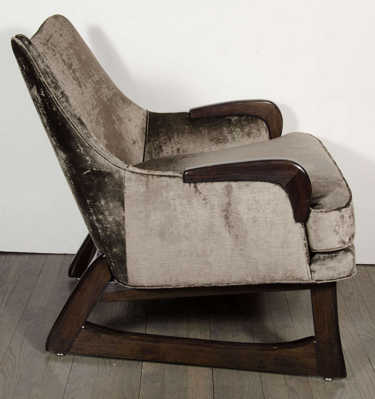 American Mid-Century Modernist Sleigh Form Armchair with Ebonized Walnut Legs & Detailing