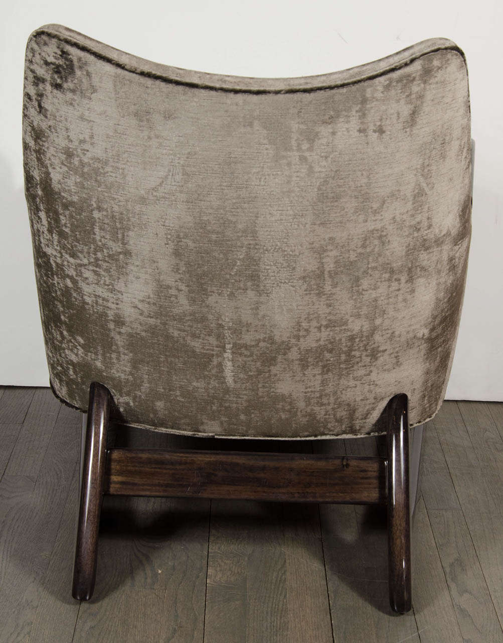 20th Century Mid-Century Modernist Sleigh Form Armchair with Ebonized Walnut Legs & Detailing