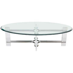 Mid-Century Modernist Lucite, Chrome & Glass Oval Cocktail Table