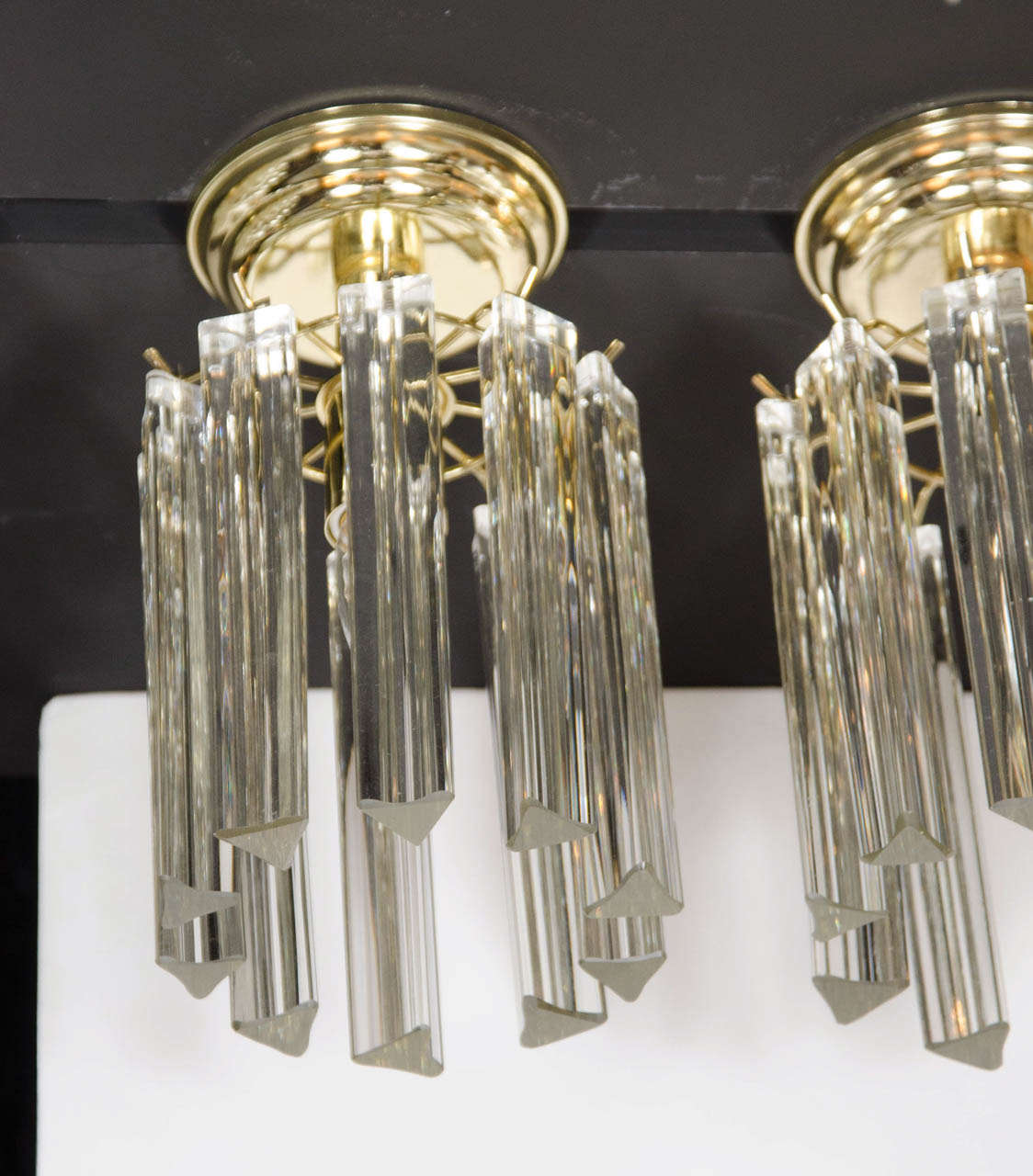 Italian Pair of Mid-Century Modernist Murano Triedre Crystal Camer Flush Mount Chandeliers
