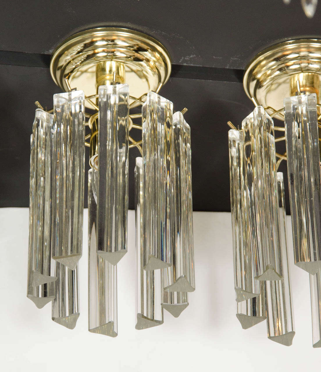 Pair of Mid-Century Modernist Murano Triedre Crystal Camer Flush Mount Chandeliers In Excellent Condition In New York, NY