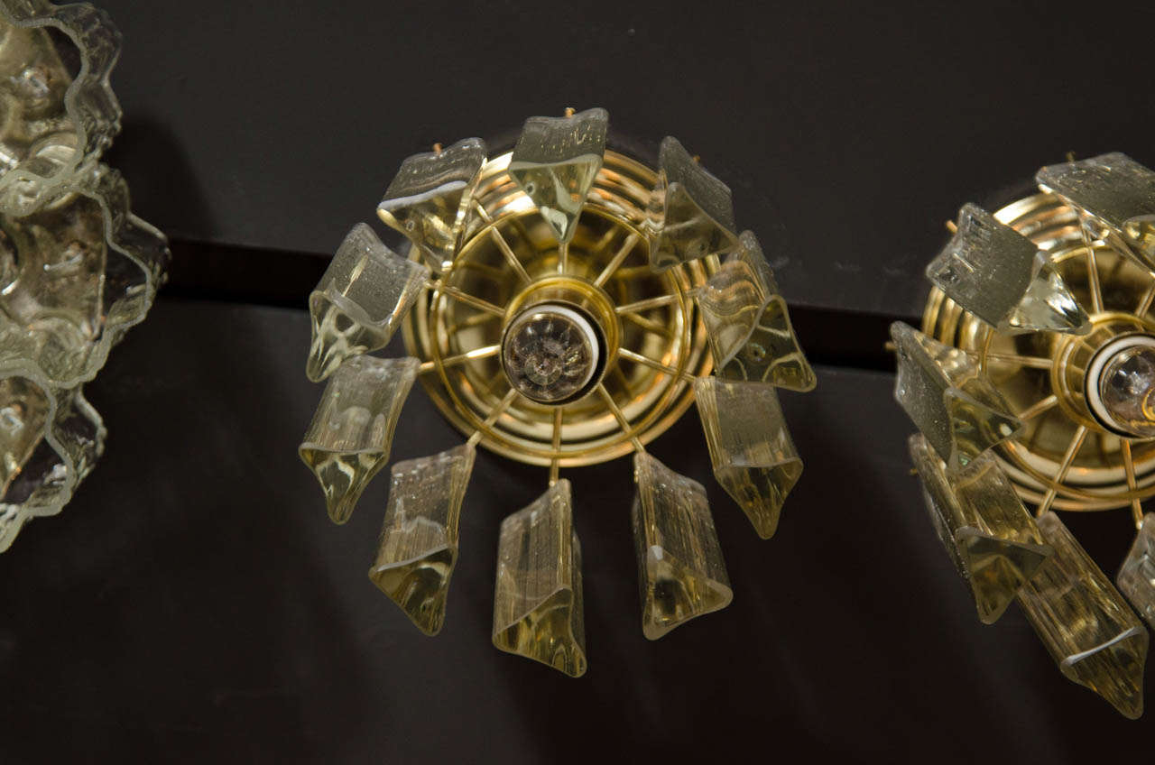 20th Century Pair of Mid-Century Modernist Murano Triedre Crystal Camer Flush Mount Chandeliers