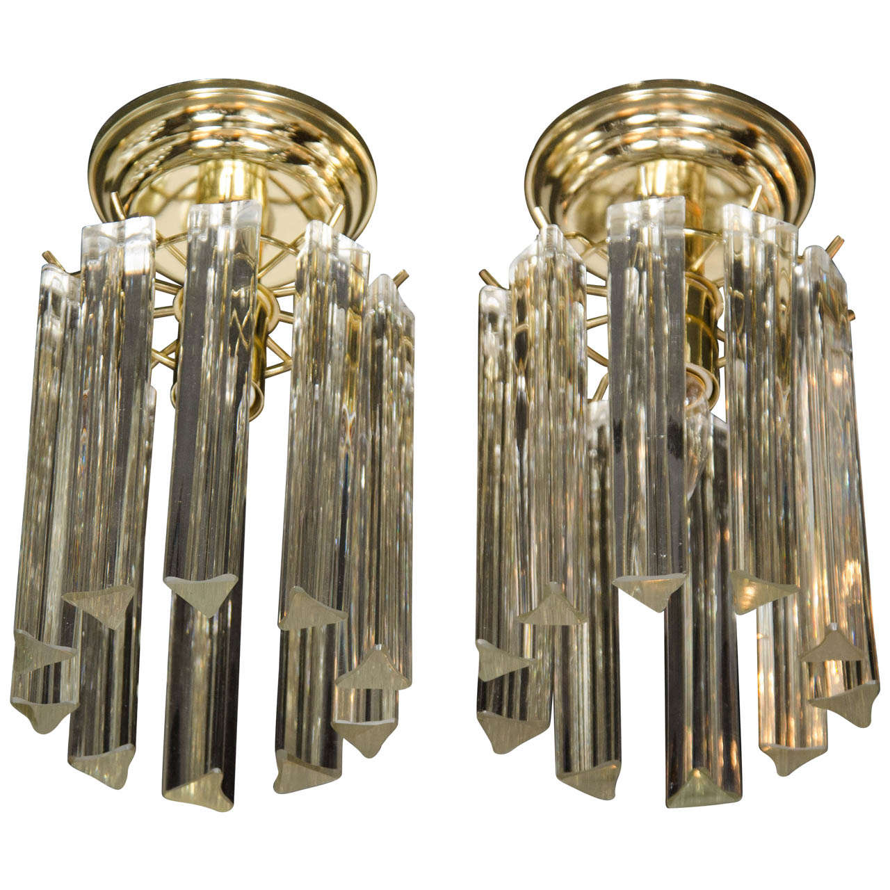 Pair of Mid-Century Modernist Murano Triedre Crystal Camer Flush Mount Chandeliers