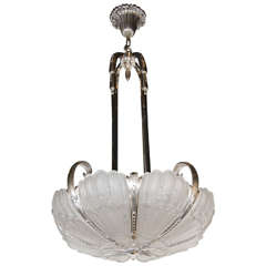 Exquisite Relief Frosted Glass and Silvered Bronze Art Deco Chandelier by Hanots