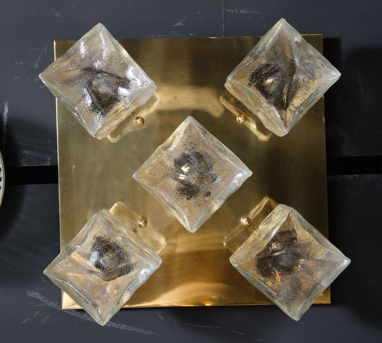 Austrian Mid-Century Modern Frosted Cube and Polished Brass Flush Mount by J.T. Kalmar For Sale