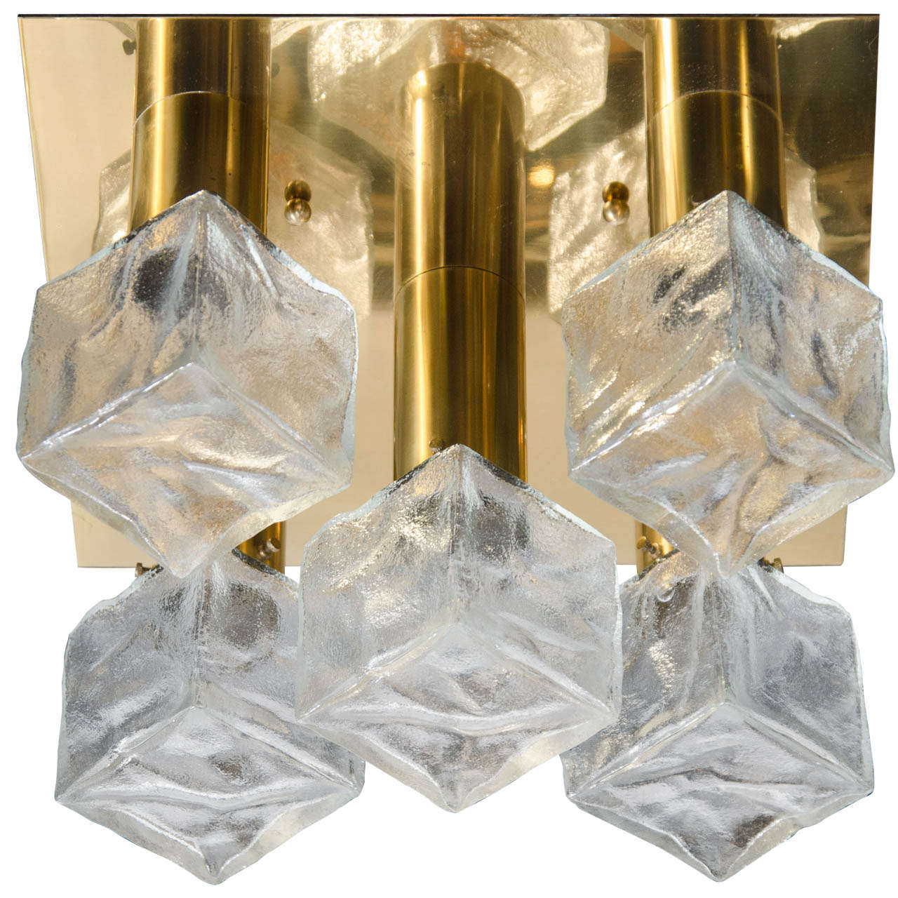 Mid-Century Modern Frosted Cube and Polished Brass Flush Mount by J.T. Kalmar