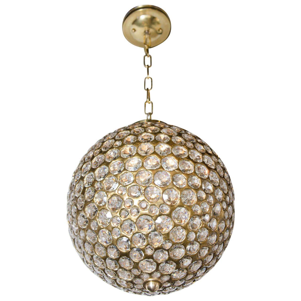 Brilliant Modernist Inset Cut Crystal Brass Ball Pendant Chandelier at
