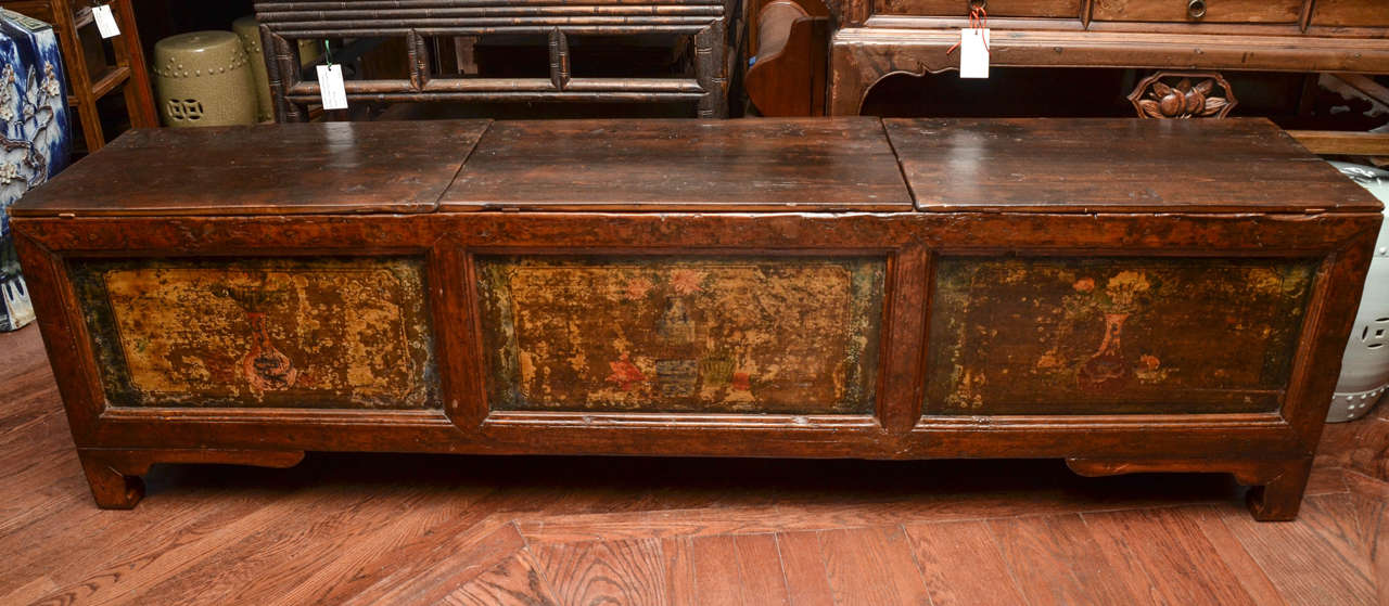 Early 19thC. Q'ing Dynasty Shanxi Golden Painted and French Polished Lidded Triple Trunk/Console/Blanket Chest