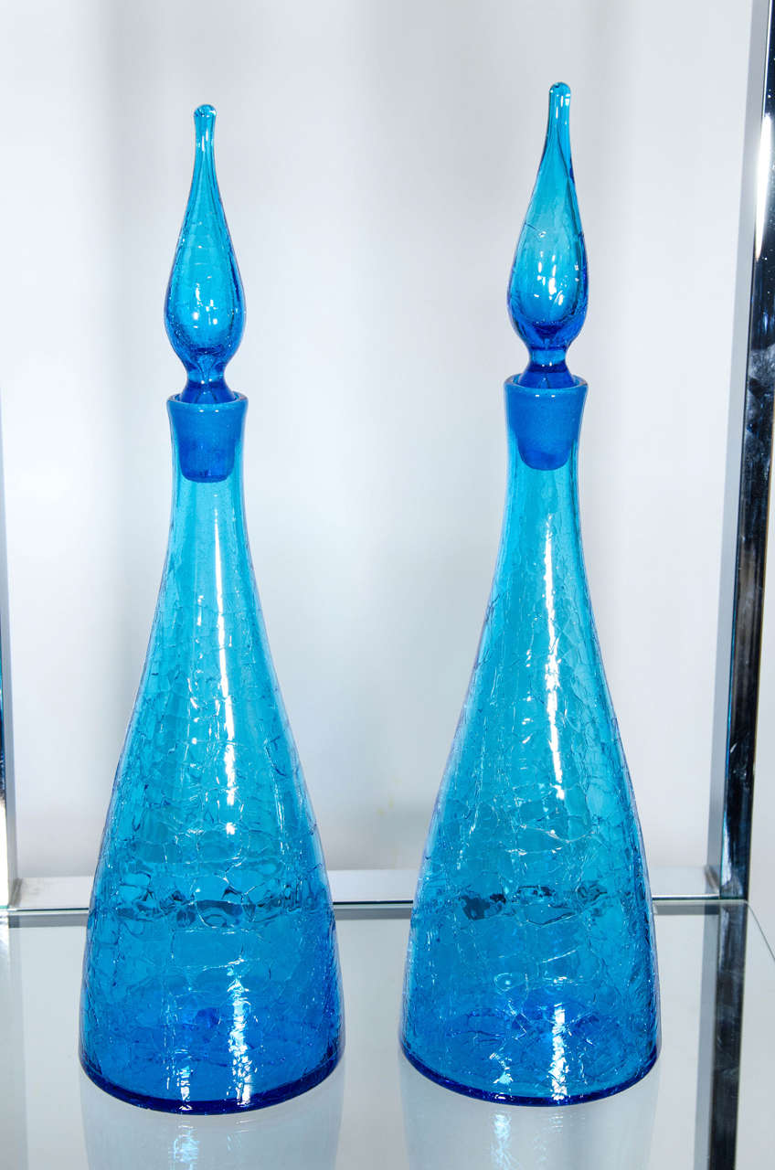 Pair of Crackle Glass Decanters by Winslow Anderson for Blenko