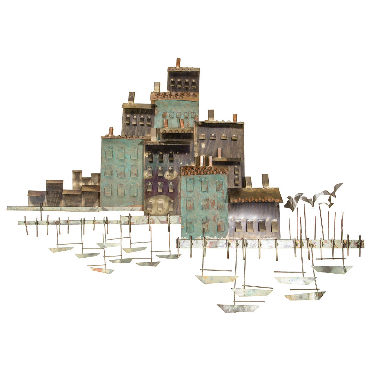 Curtis Jere Wall Sculpture of a Harbor Village and Fishing Boats For Sale