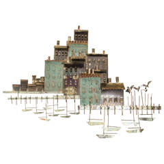 Curtis Jere Wall Sculpture of a Harbor Village and Fishing Boats