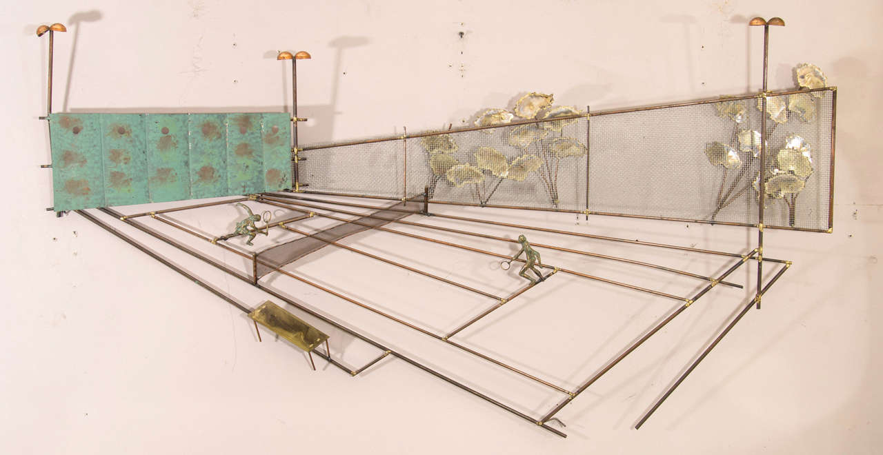 Large-scale wall sculpture of tennis court and players with a forced perspective and wonderful depth and details. Mixed metals, nicely patinated. Signed and dated C. Jere, 1975. Please contact for location.