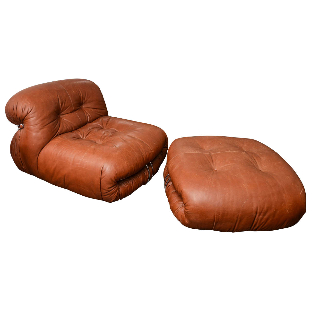 "Soriana" Tufted Leather Chair and Ottoman by Tobia Scarpa