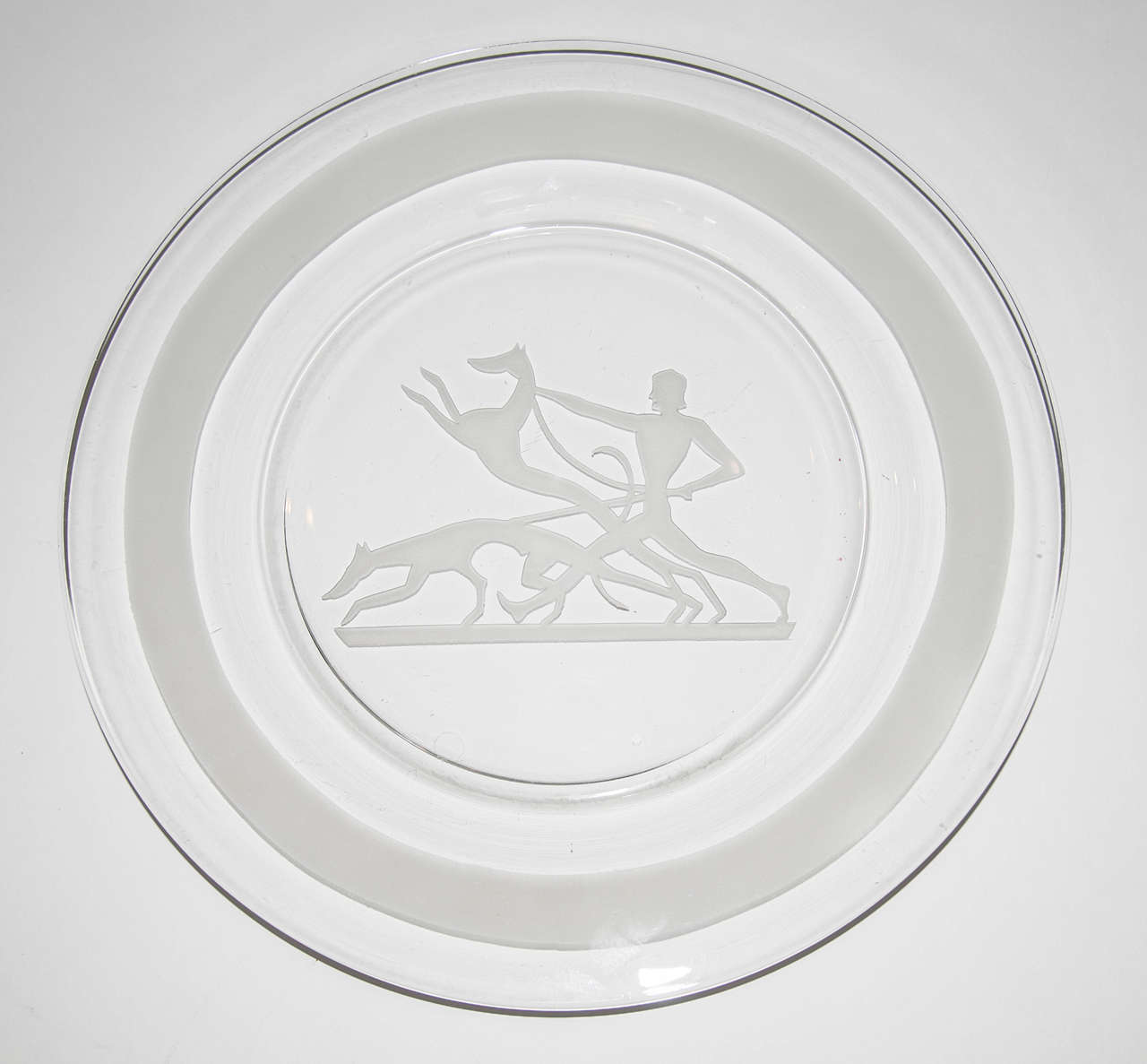Mid-20th Century Man with Greyhounds Glass Platter, Wilhelm Hunt Diederich Attribution For Sale