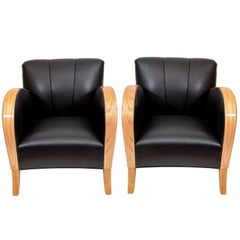 Used Art Deco Club Chairs in Black Motorcycle Leather