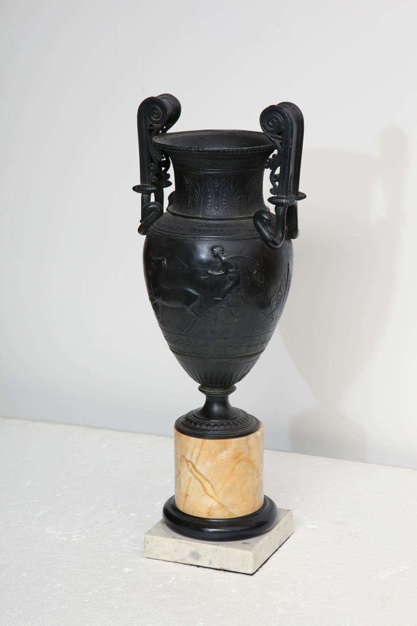 19th Century French, Neo-Classical, Patinated Metal Urn on a Marble Base