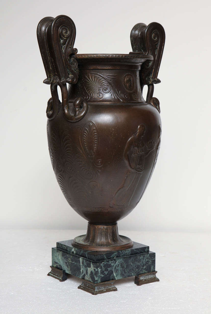 Late 19th Century French, Patinated Metal Urn on a Marble Base