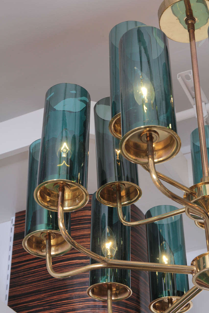 Mid-Century Modern Brass & Blue Glass Tube Chandelier by Hans Agne Jakobsson