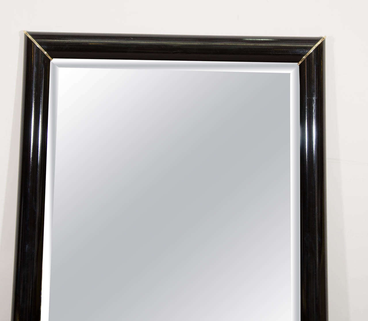 American Black Lacquered Wall Mirror with Gold Corner Accents