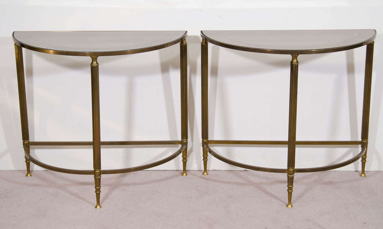 A Mid Century Pair of Petite Brass and Glass Demi-Lune Tables