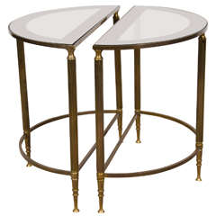 A Mid Century Pair of Petite Brass and Glass Demi-Lune Tables