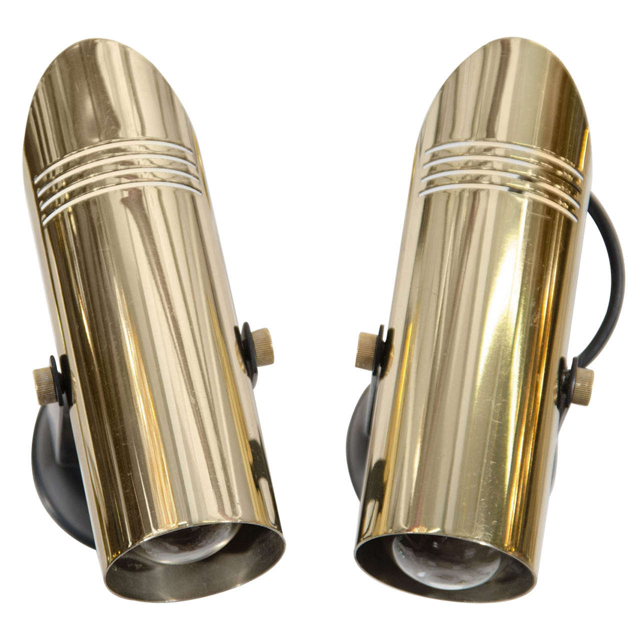 Mid Century Pair of Brass and Enamel Spot Lights or Wall Sconces