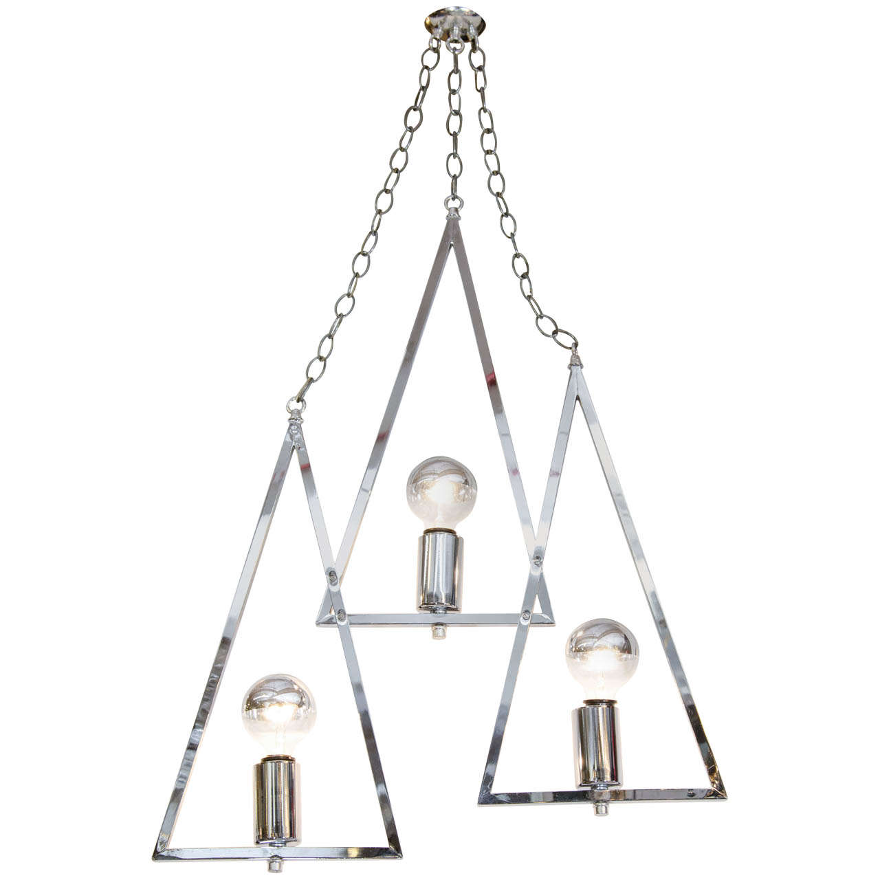 A Mid Century Chrome Chandelier with Three Hanging Triangles For Sale