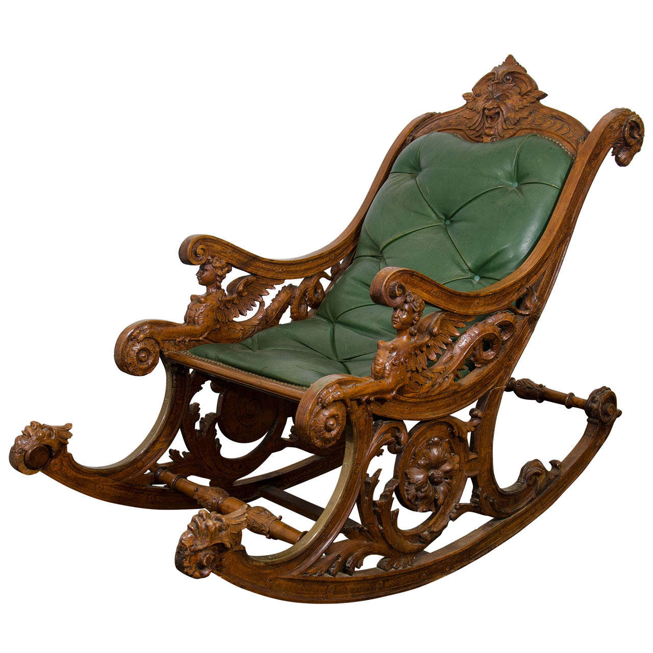 Carved Italian Rocking Chair, Antique Wooden Rocking Chair With Leather Seat