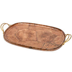 Signed Italian Aldo Tura Lacquered Goatskin Tray with Brass Handles