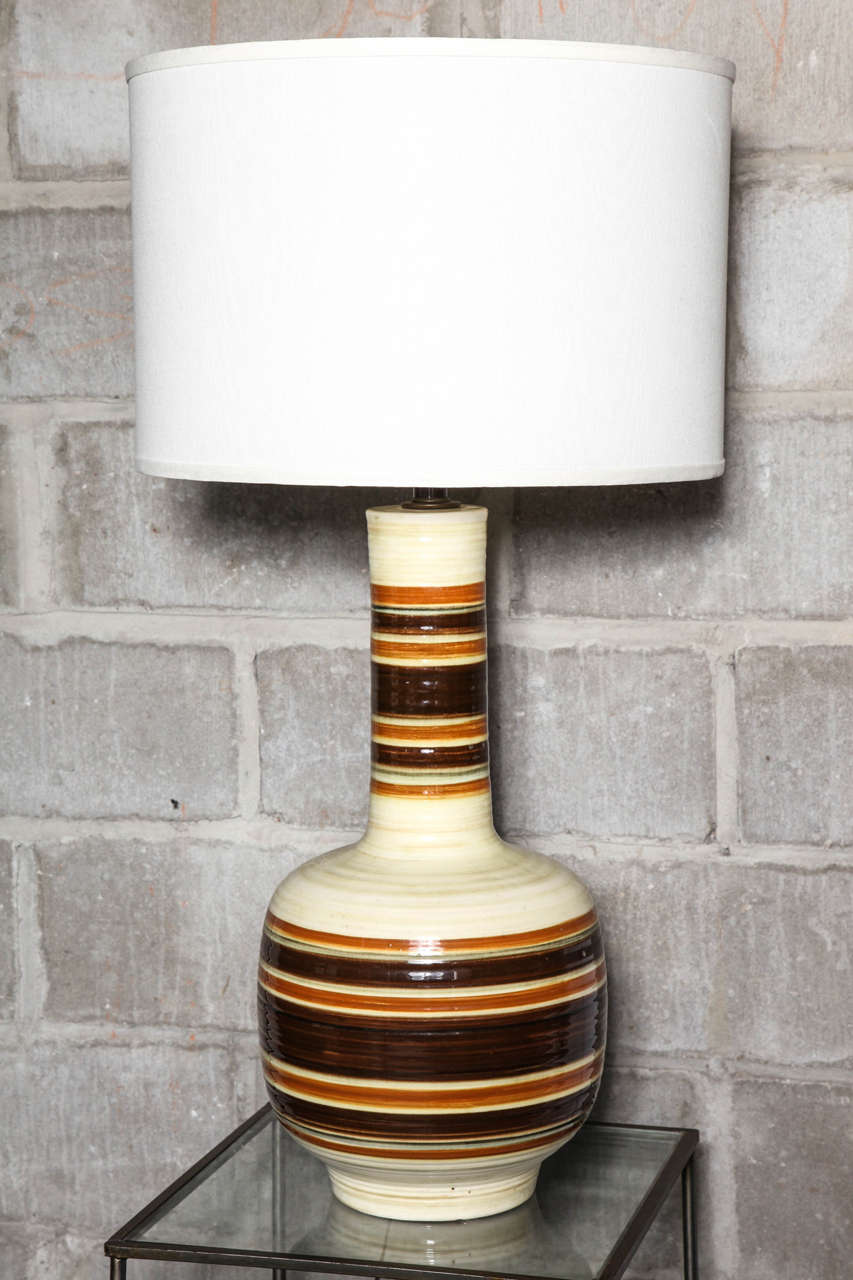 Inherent to the time. large scale ceramic table lamp. Warm earth tones.Coll graphic design. 150 watt or LED ready.  Overall height is 30 inches. base alone is 20 inches.Shade not included.REDUCED from 550.00 250.00