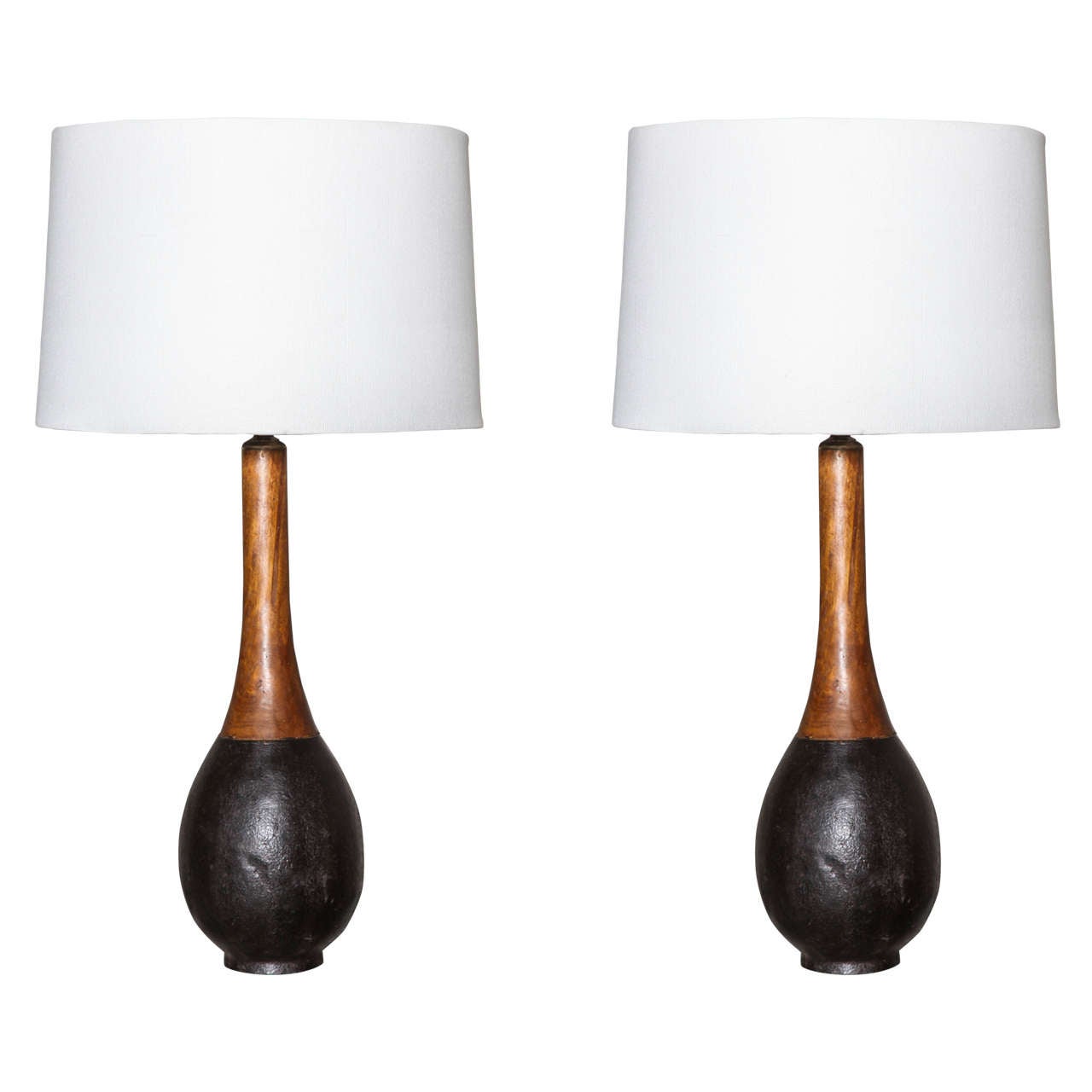 Ceramic and Walnut Table Lamps