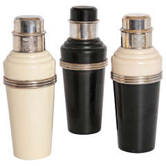 Trio Master Incolor Catalin and Silver Plate Art Deco Cocktail Shakers