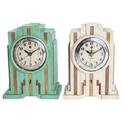 Vintage Telechron Skyscraper Art Deco Plaskon Pair Clocks in Manner of Paul Frankl