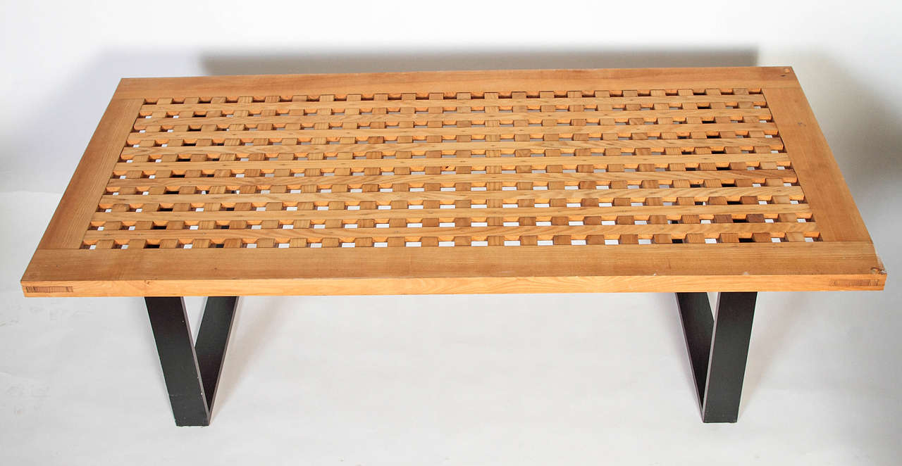 Mid-Century Style Bench or Coffee Table with Ebonized Legs and Solid Teak Top