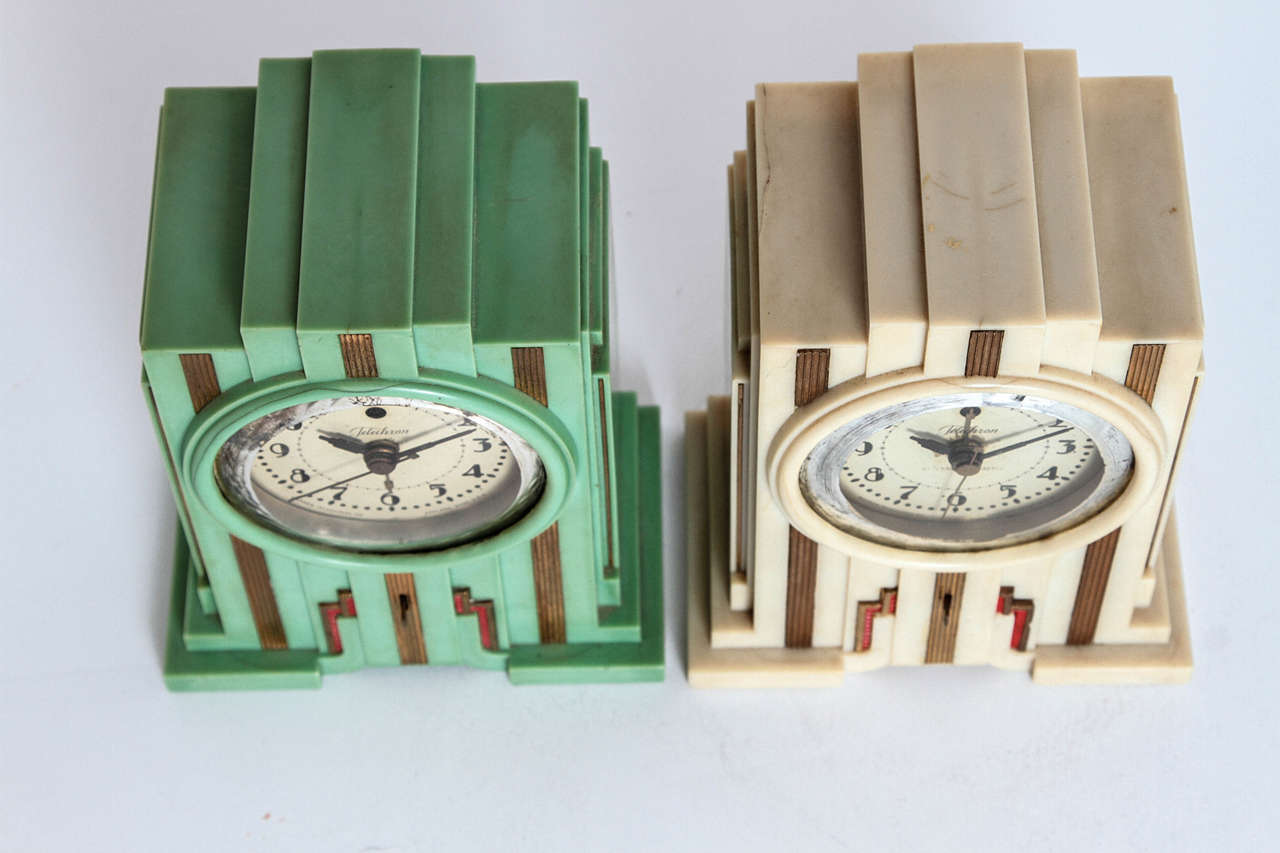 Telechron Skyscraper Art Deco Plaskon Pair Clocks in Manner of Paul