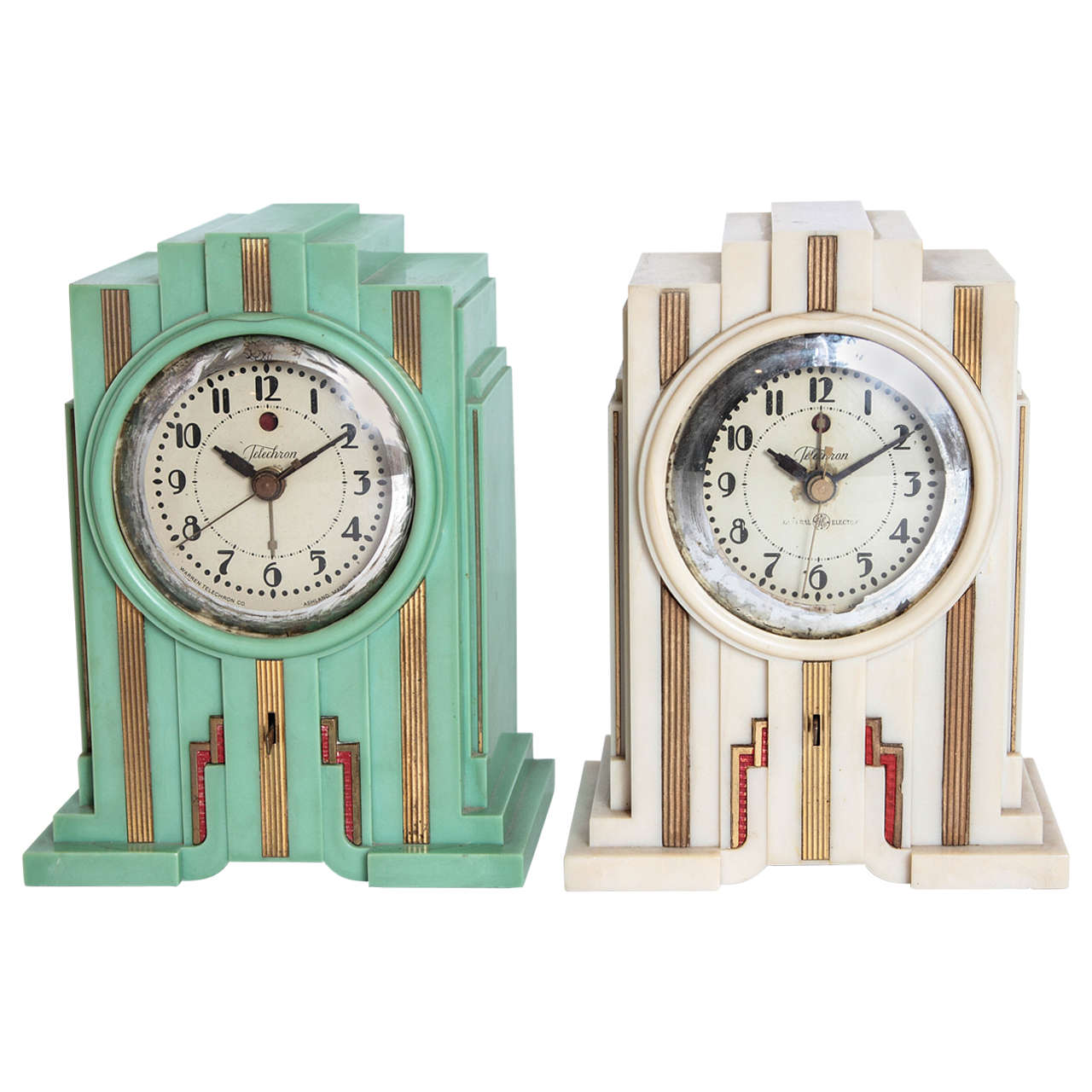 Telechron Skyscraper Art Deco Plaskon Pair Clocks in Manner of Paul