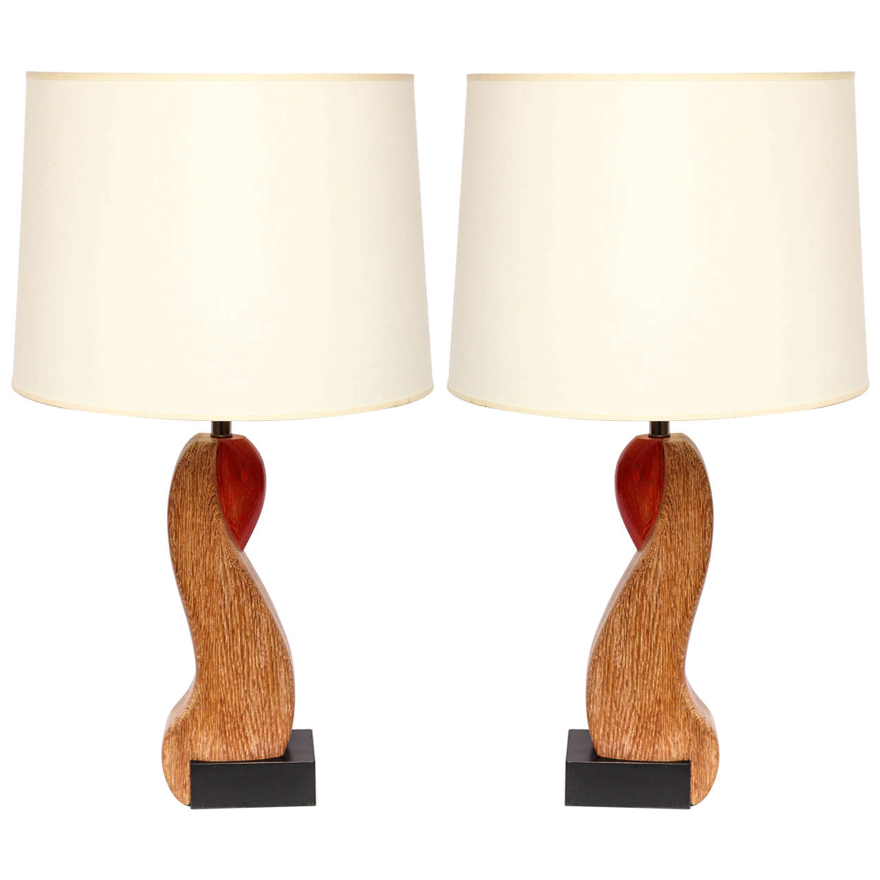  Table Lamps Pair Mid Century Modern Sculptural form wood America 1940's For Sale