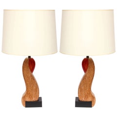  Table Lamps Pair Mid Century Modern Sculptural form wood America 1940's