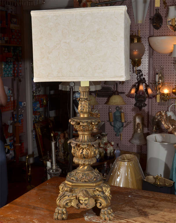 Italian, 18th Century,  Hand Carved, gilt Candlestick, as a table Lamp with a custom made,  14