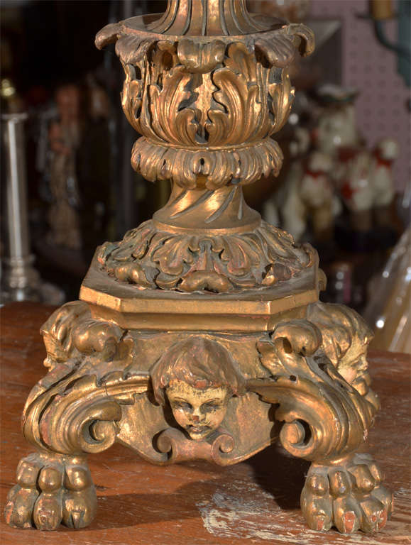 18th Century and Earlier Italian, Hand Carved 18th Century Candlestick as Lamp For Sale