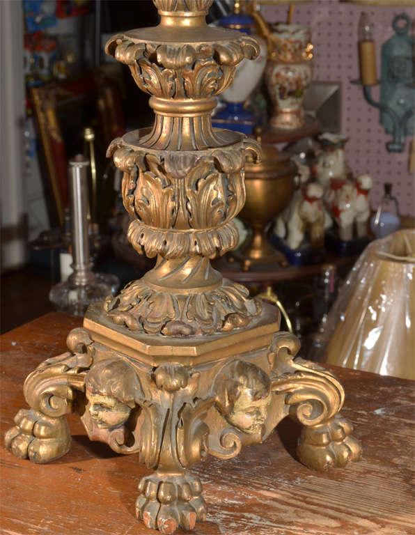 Wood Italian, Hand Carved 18th Century Candlestick as Lamp For Sale