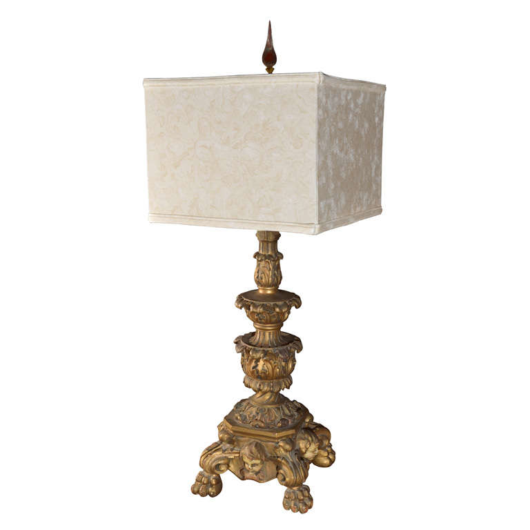 Italian, Hand Carved 18th Century Candlestick as Lamp For Sale