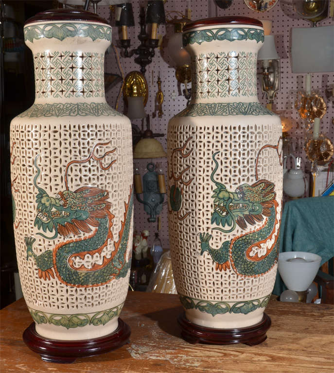 Pair, reticulated Asian Brides Jars as Lamps 4